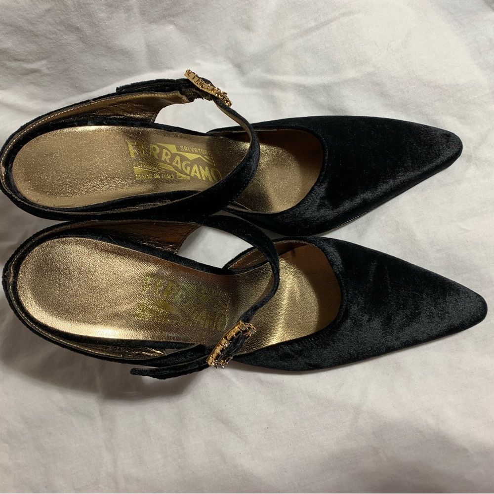 Salvatore Ferragamo Black Velvet Pointed-Toe Mary Jane Heels with Gold Accents